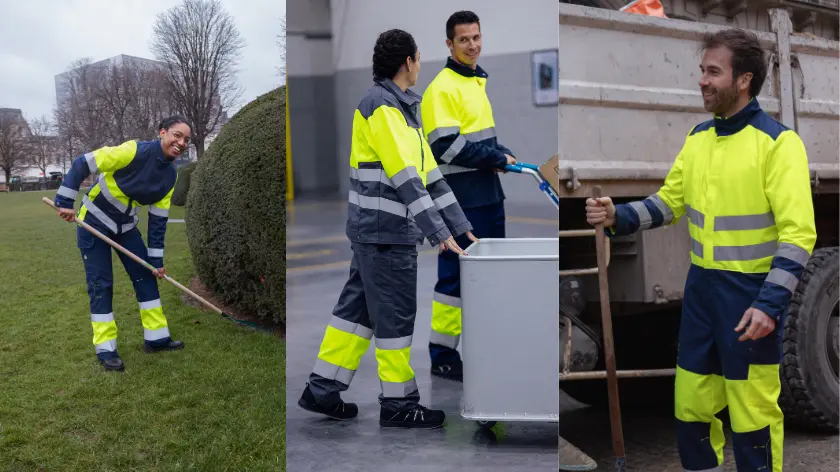 Trabajadores equipados con EPI de alta visibilidad en diferentes entornos laborales.